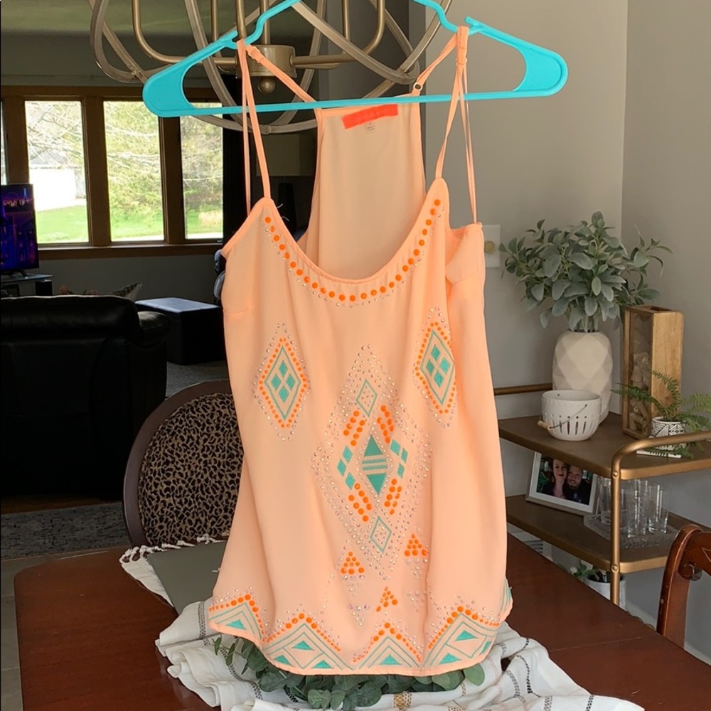 Peach sheer Aztec Tank Top with rhinestones